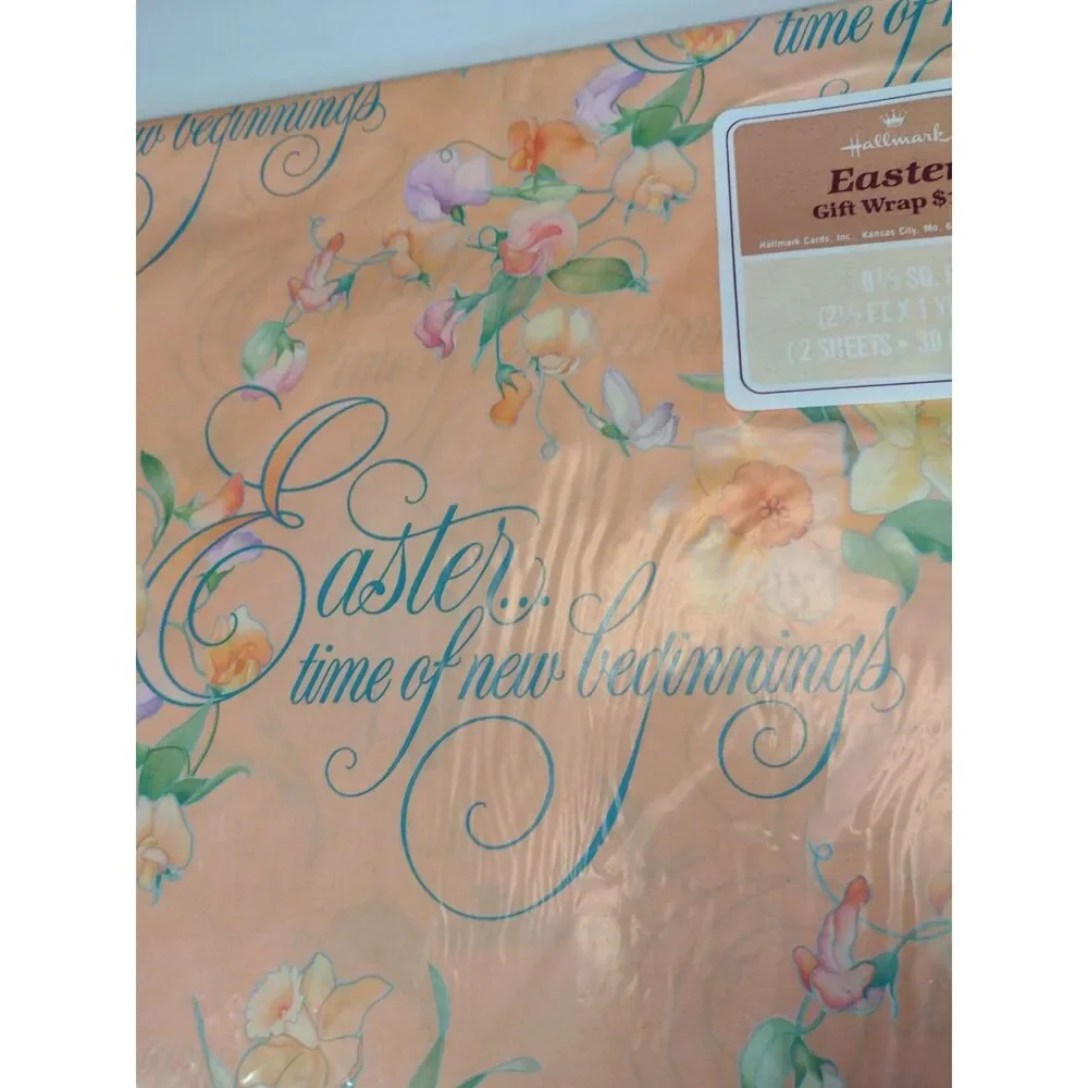 Vintage Hallmark Easter Peach Pastel‎ Floral Daffodil Gift Wrap Wrapping Paper